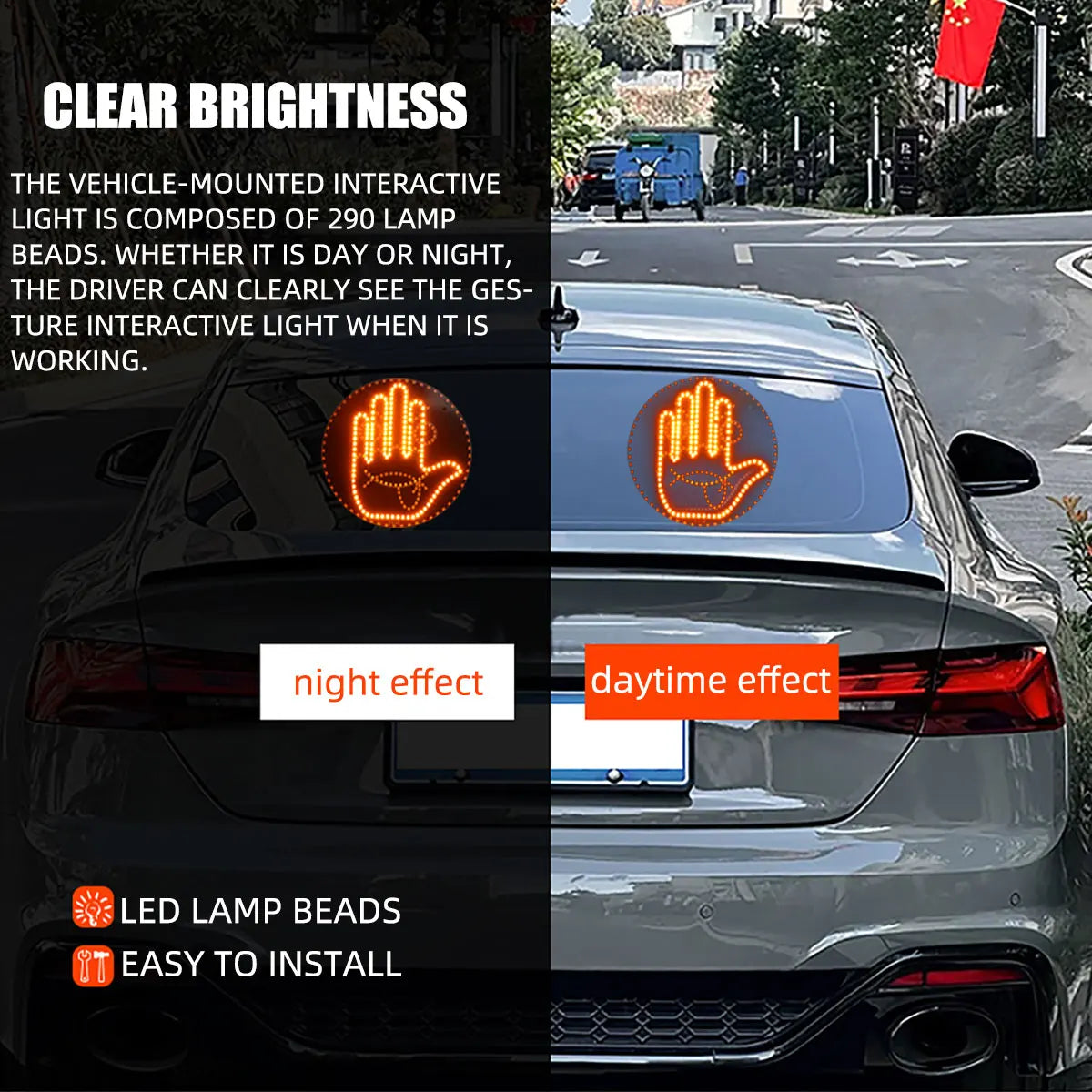 Car LED Funny Expression Gesture 2 in 1 Lamp with Remote Control Rear Window Middle Finger Gesture Palm Light Warning Light