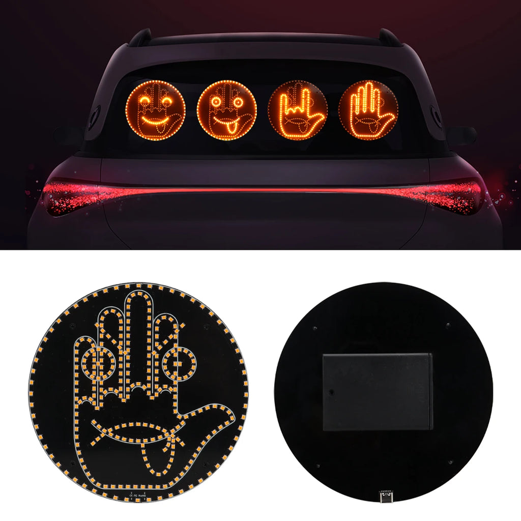 Car LED Funny Expression Gesture 2 in 1 Lamp with Remote Control Rear Window Middle Finger Gesture Palm Light Warning Light